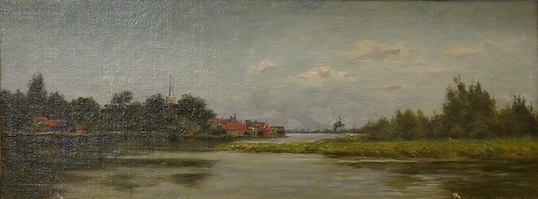 Herbert Lyndon (1855-1932), oil on canvas, Amsterdam river landscape, 16 x 40cm. Condition - fair to good